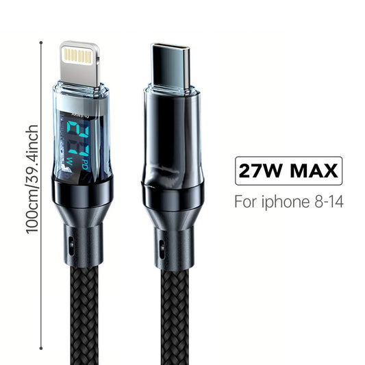 PD 27W Fast Charge Cable LCD Display Transparent Shell Data Transfer, USB A Type-C to Lightning Cord for iPhone 14 Pro Max/13/12