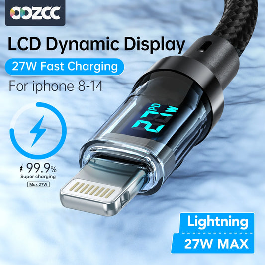 PD 27W Fast Charge Cable LCD Display Transparent Shell Data Transfer, USB A Type-C to Lightning Cord for iPhone 14 Pro Max/13/12